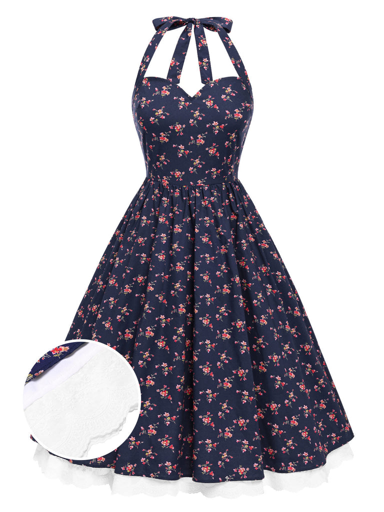 [Vorverkauf] Blau 1950er Halter Spitze Baumwolle Blumen Kleid