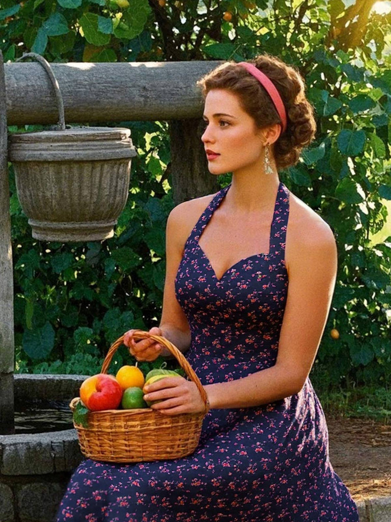 [Vorverkauf] Blau 1950er Halter Spitze Baumwolle Blumen Kleid