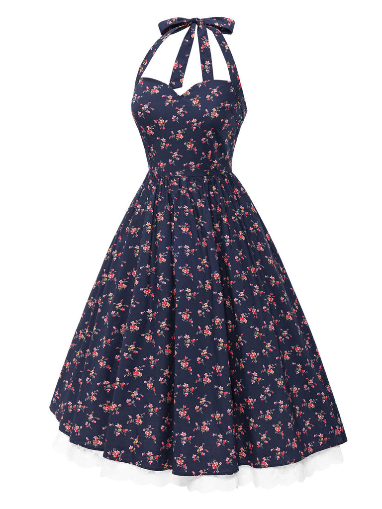 [Vorverkauf] Blau 1950er Halter Spitze Baumwolle Blumen Kleid