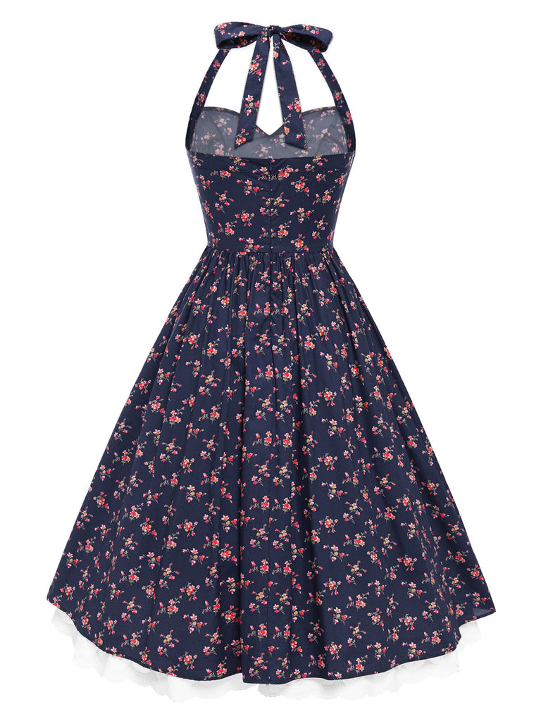[Vorverkauf] Blau 1950er Halter Spitze Baumwolle Blumen Kleid