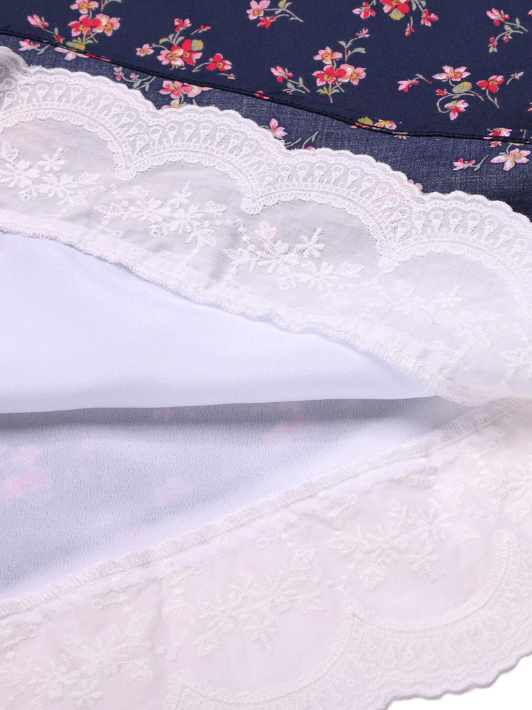 [Vorverkauf] Blau 1950er Halter Spitze Baumwolle Blumen Kleid