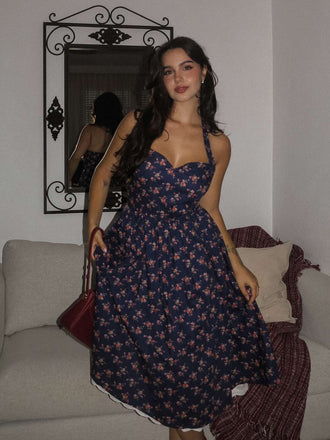 Blau 1950er Halter Spitze Baumwolle Blumen Kleid