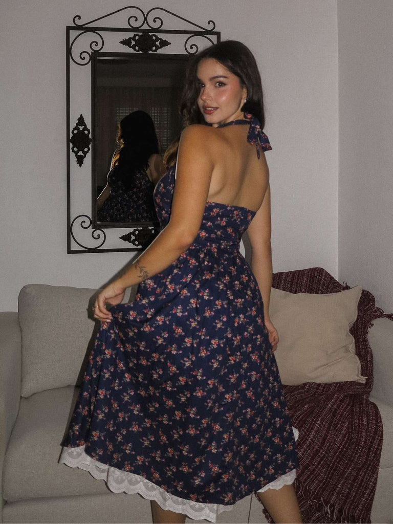 Blau 1950er Halter Spitze Baumwolle Blumen Kleid