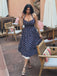 Blau 1950er Halter Spitze Baumwolle Blumen Kleid