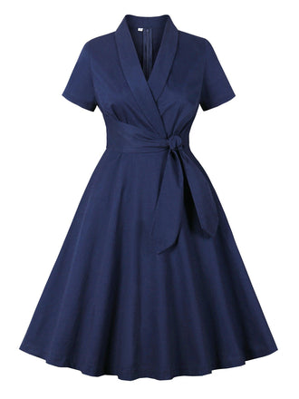 Blau 1950er Revers Taillen-Binde Baumwolle Kleid