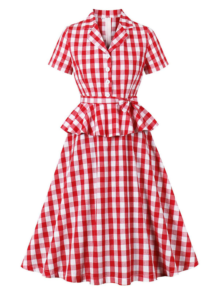 Rot 1950er Baumwolle Gingham Plaids Gürtel Kleid