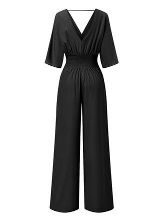 1940er Solide V-Ausschnitt Halbe Ärmel Jumpsuit