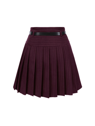 Weinrot 1960er Nadelstreifen Gürtel Plissiertes Rock