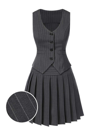 2PCS Dunkelgrau 1960er Nadelstreifen Top & Plissiertes Rock