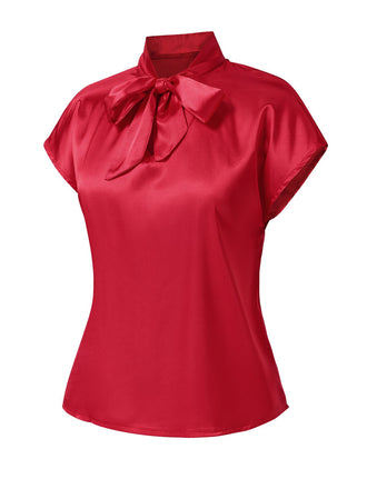 Rot 1960er Satin Krawattenhals Cap Bluse