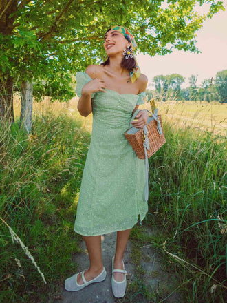 Grün 1940er Herzförmiger Blümchen Kleid