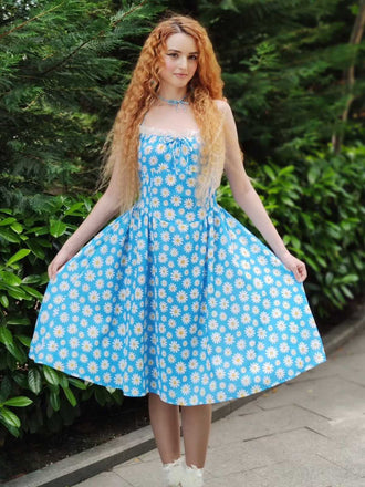 Blau 1950er Halter Spitze Gänseblümchen Kleid