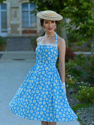 Blau 1950er Halter Spitze Gänseblümchen Kleid