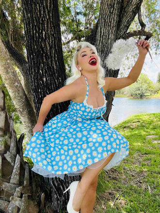 Blau 1950er Halter Spitze Gänseblümchen Kleid