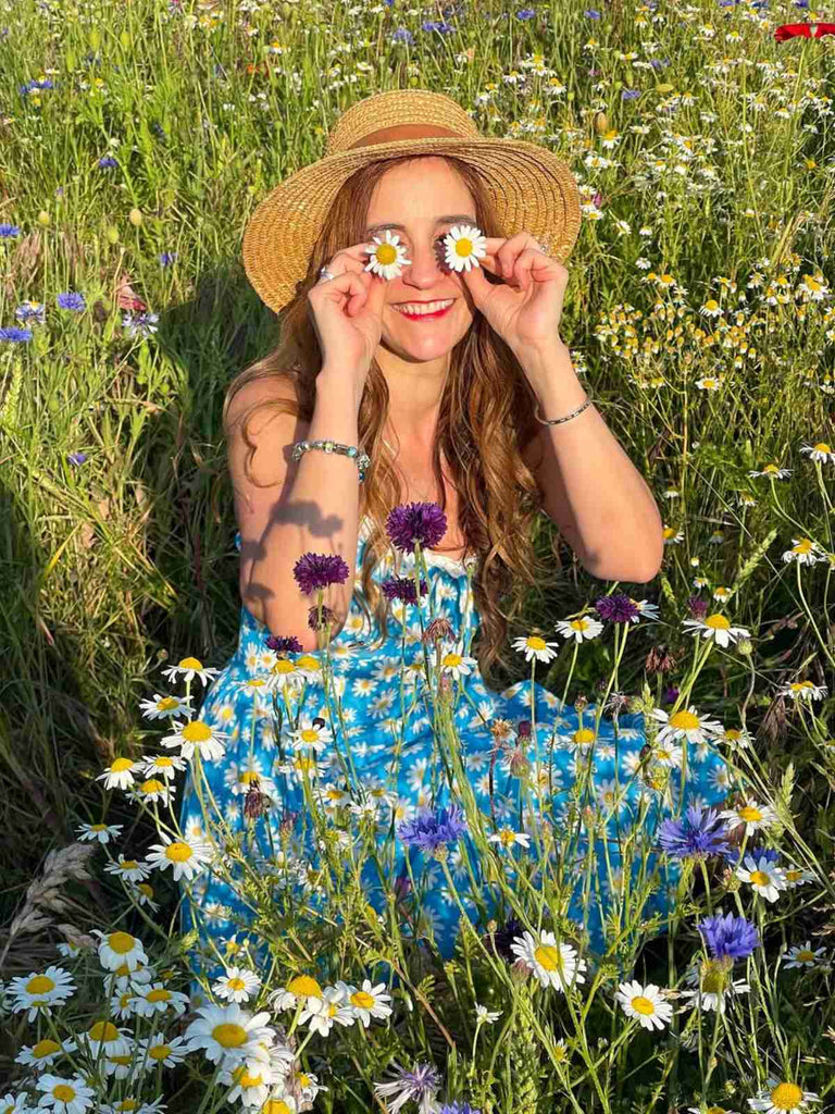 Blau 1950er Halter Spitze Gänseblümchen Kleid