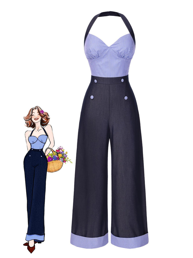 [Vorverkauf] Dunkelblau 1930er Plaid Halter Patchwork Jumpsuit