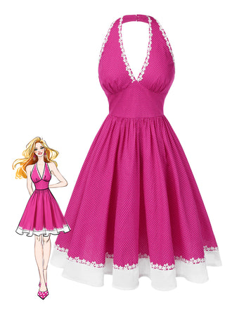 Rosa 1950er Polka Dots Halter Baumwolle Kleid