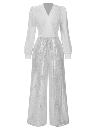 1930er V-Ausschnitt Puff Paillettens Weites-Bein Jumpsuit
