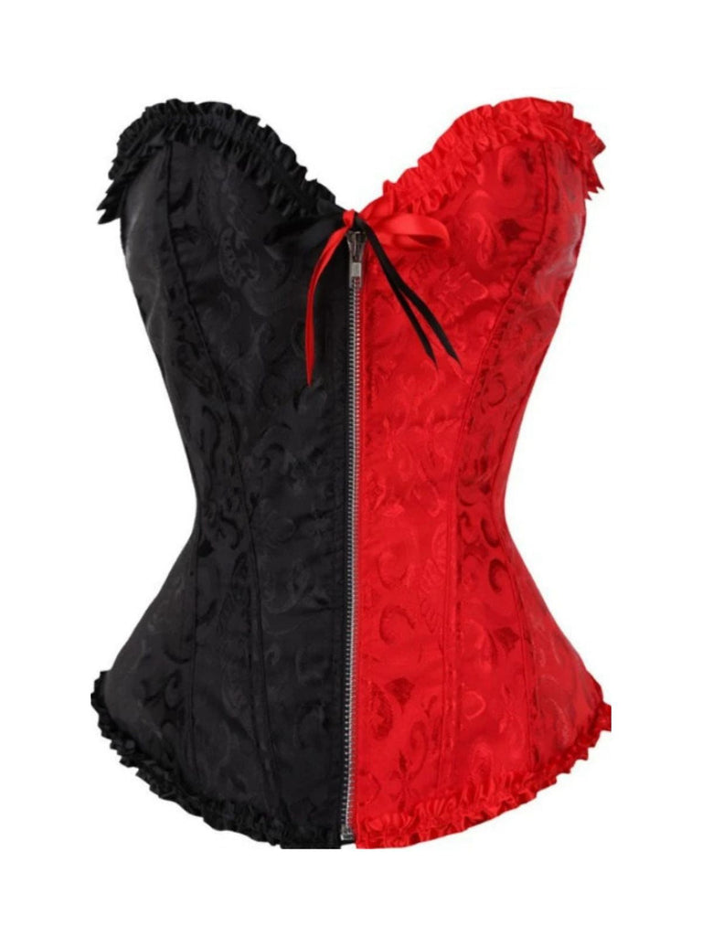 Schwarz & Rot 1980er Gothic Farbblock Jacquard Rüsche Korsett