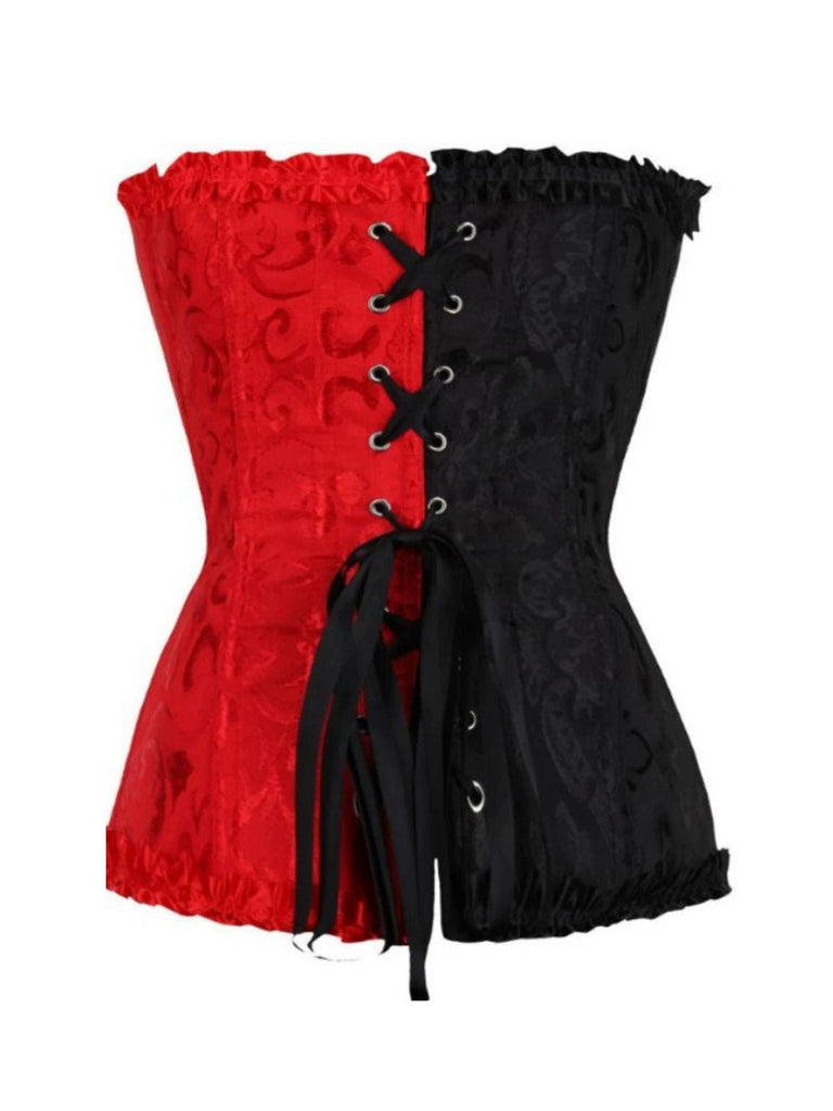 Schwarz & Rot 1980er Gothic Farbblock Jacquard Rüsche Korsett