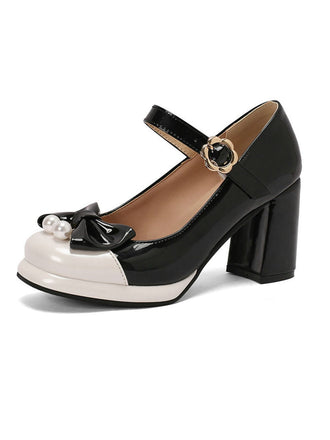 Retro Leder Farbblock Bogen Klobige Absätze