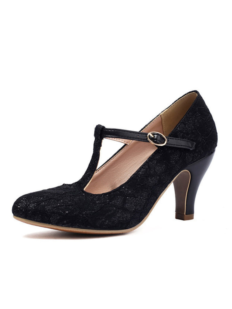 Vintage Spitze Patchwork T-Strap Schnalle High Heels