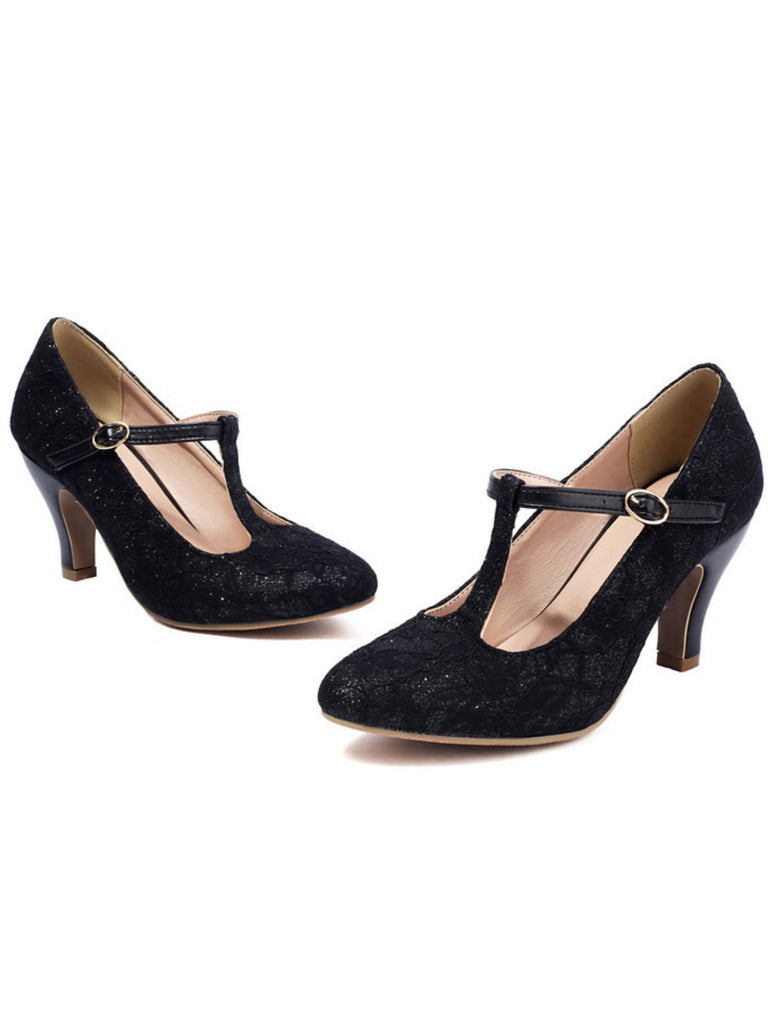 Vintage Spitze Patchwork T-Strap Schnalle High Heels