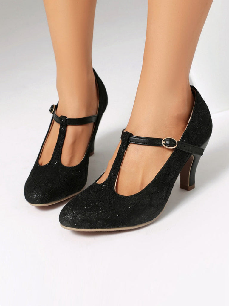 Vintage Spitze Patchwork T-Strap Schnalle High Heels