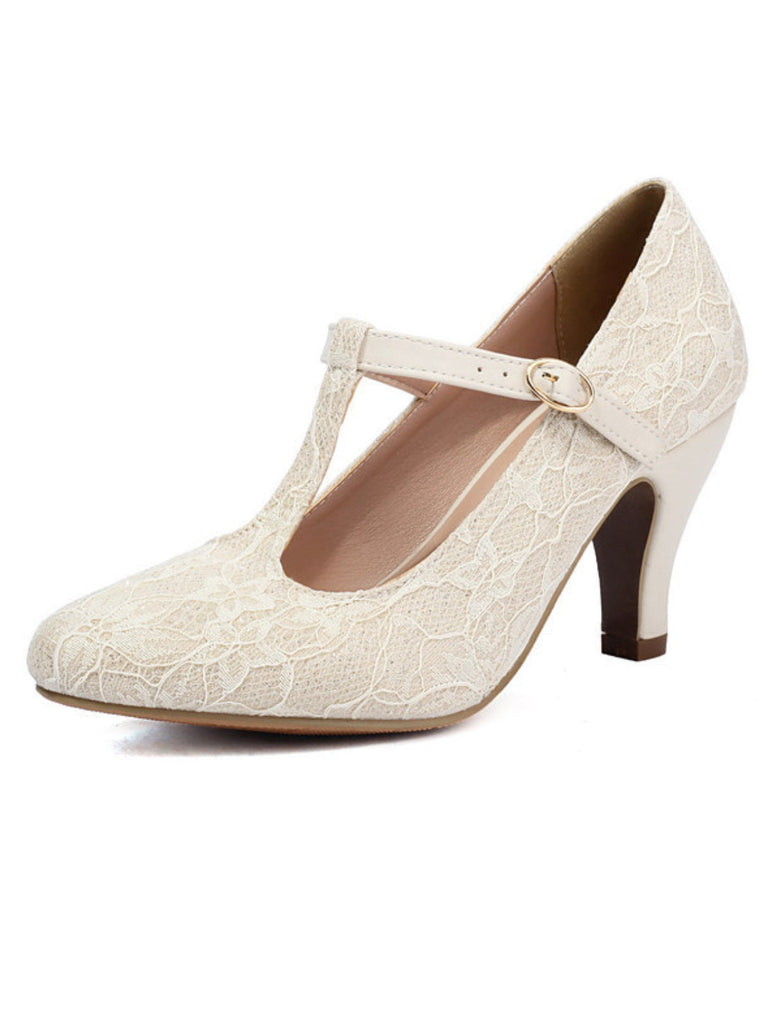 Vintage Spitze Patchwork T-Strap Schnalle High Heels