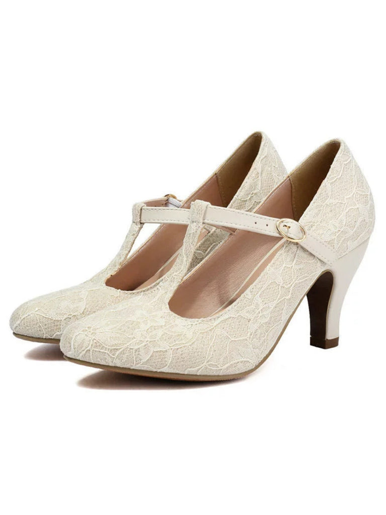 Vintage Spitze Patchwork T-Strap Schnalle High Heels
