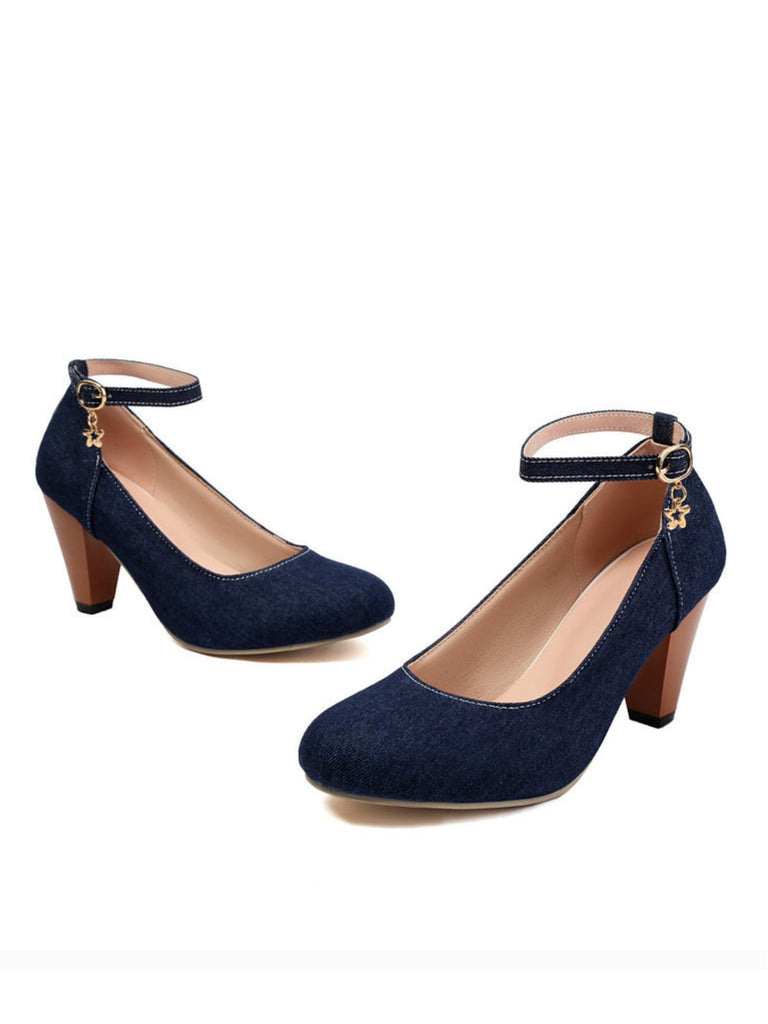 Denim Schnalle Mary Janes Klobige Absätze