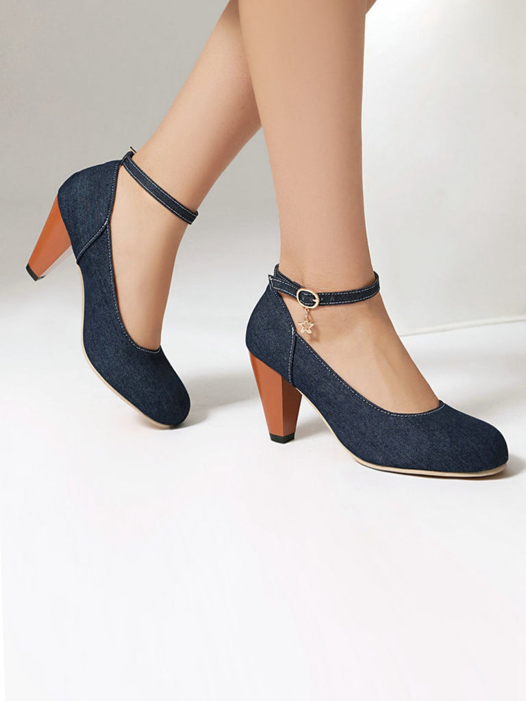Denim Schnalle Mary Janes Klobige Absätze