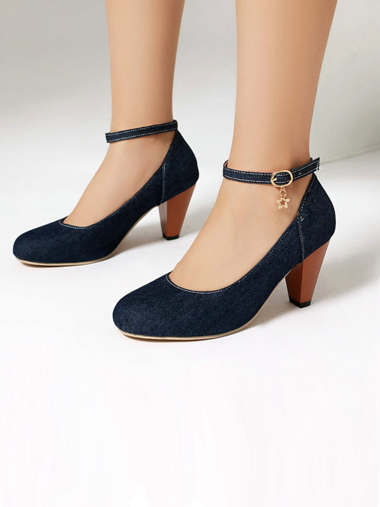 Denim Schnalle Mary Janes Klobige Absätze