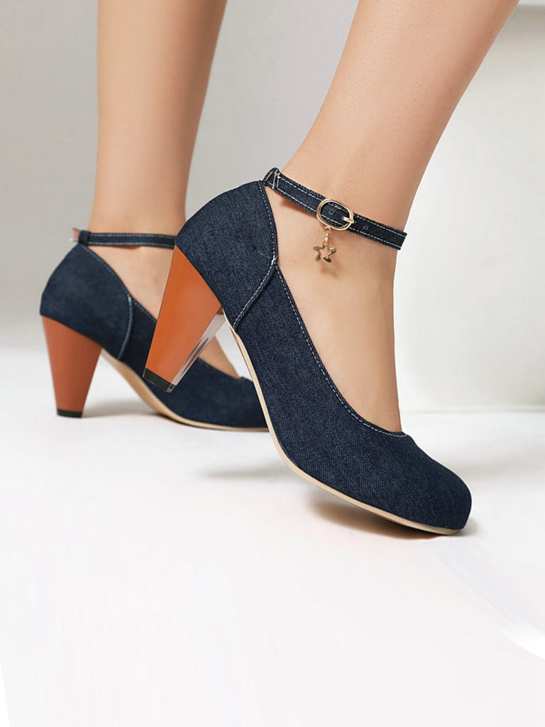 Denim Schnalle Mary Janes Klobige Absätze