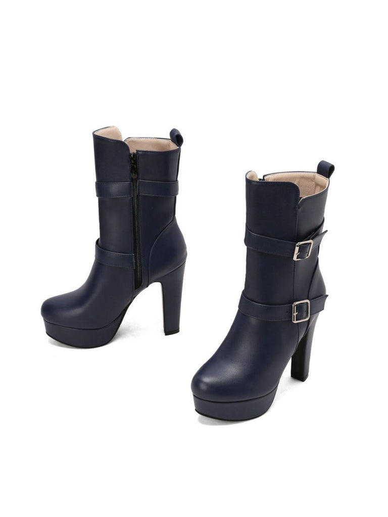 Pu Leder Runde Zehenkappe Keil Ferse Wadenlang Stiefel