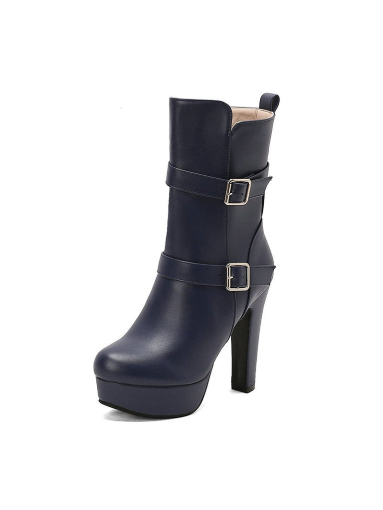 Pu Leder Runde Zehenkappe Keil Ferse Wadenlang Stiefel