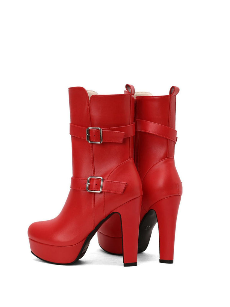 Pu Leder Runde Zehenkappe Keil Ferse Wadenlang Stiefel