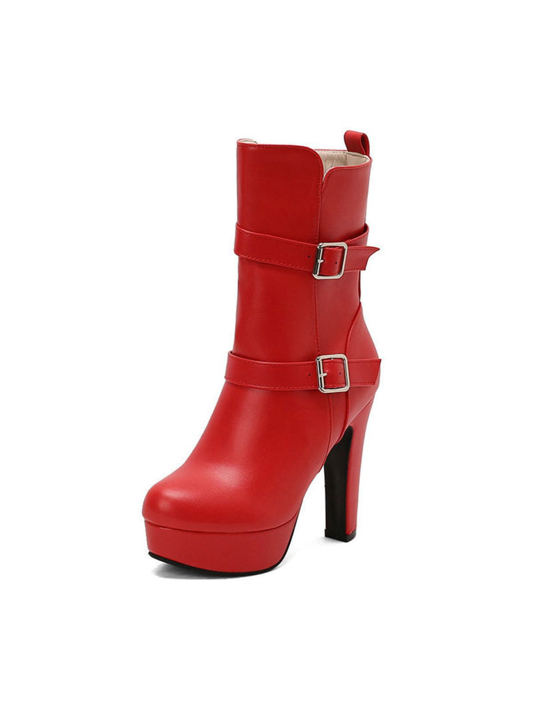 Pu Leder Runde Zehenkappe Keil Ferse Wadenlang Stiefel