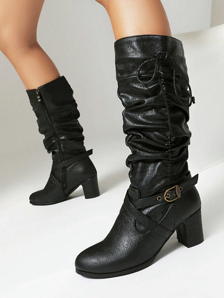 Vintage Solide Schnalle Gerüscht Klobige Absätze Stiefel
