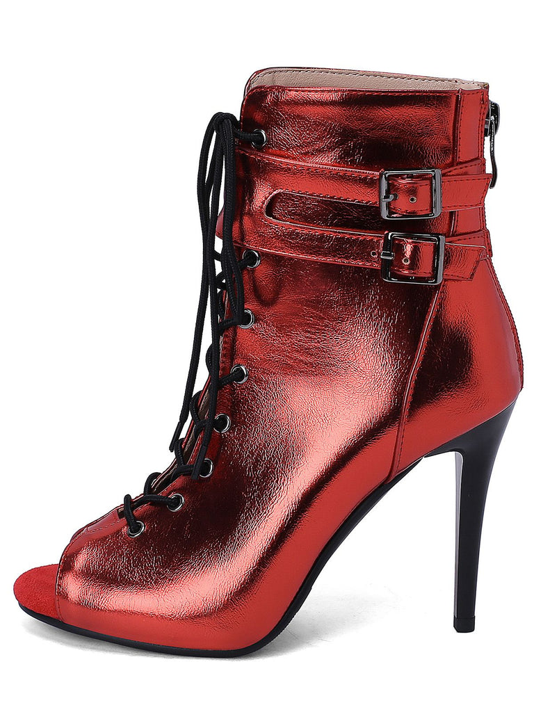 Metallisch Offene Spitze Stiletto Kordelzug Halbhohe Stiefel