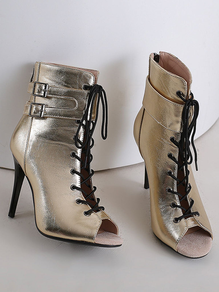 Metallisch Offene Spitze Stiletto Kordelzug Halbhohe Stiefel