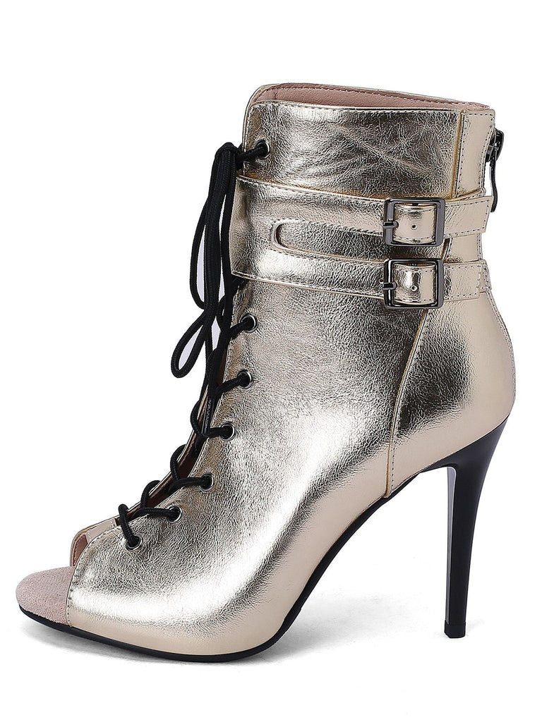 Metallisch Offene Spitze Stiletto Kordelzug Halbhohe Stiefel