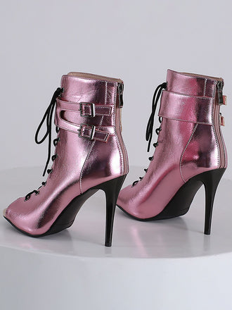 Metallisch Offene Spitze Stiletto Kordelzug Halbhohe Stiefel