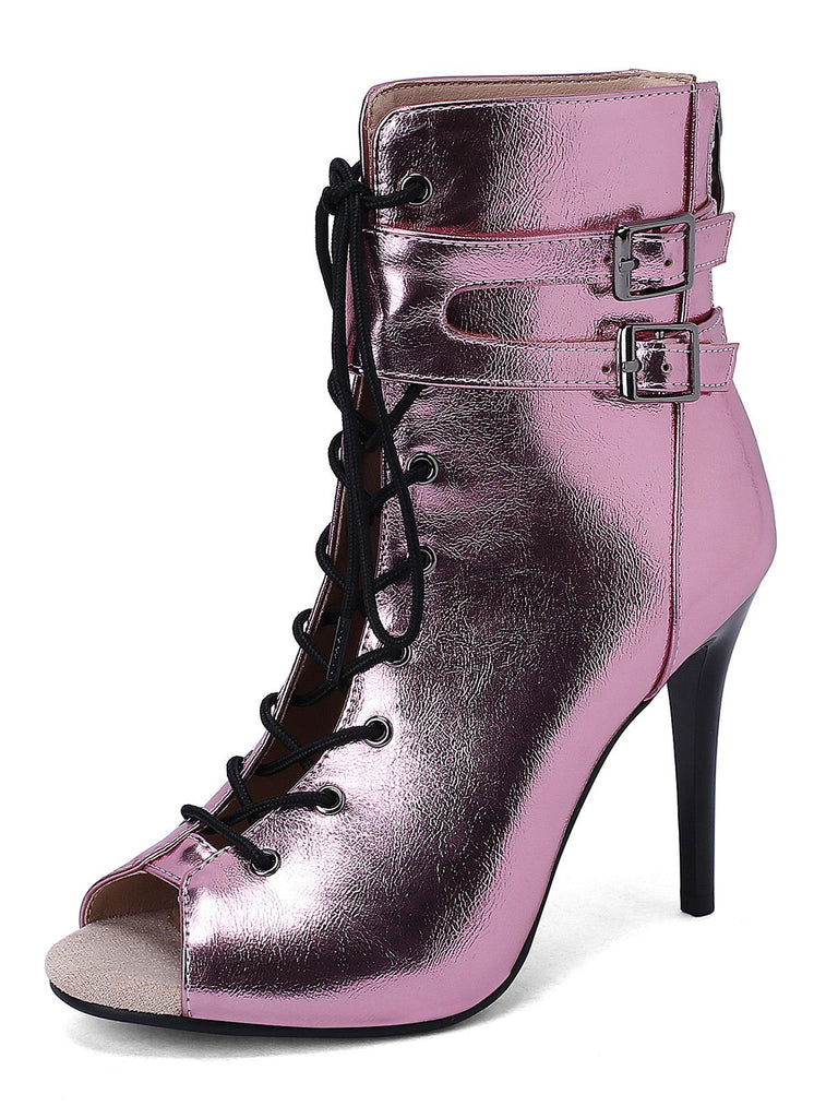 Metallisch Offene Spitze Stiletto Kordelzug Halbhohe Stiefel
