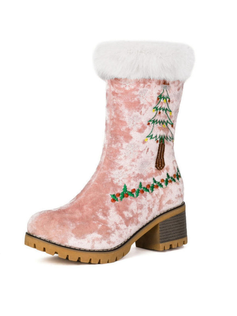 Vintage Weihnachtsbaum Schneeflocke Plüsch Klobig Ferse Stiefel