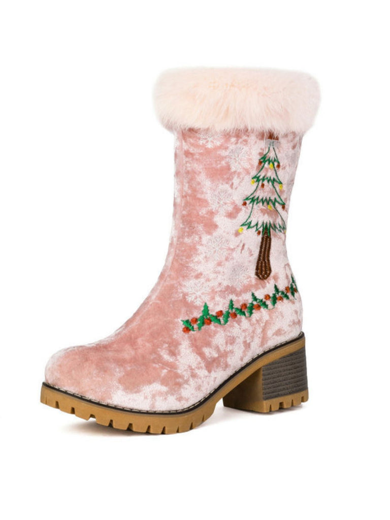 Vintage Weihnachtsbaum Schneeflocke Plüsch Klobig Ferse Stiefel