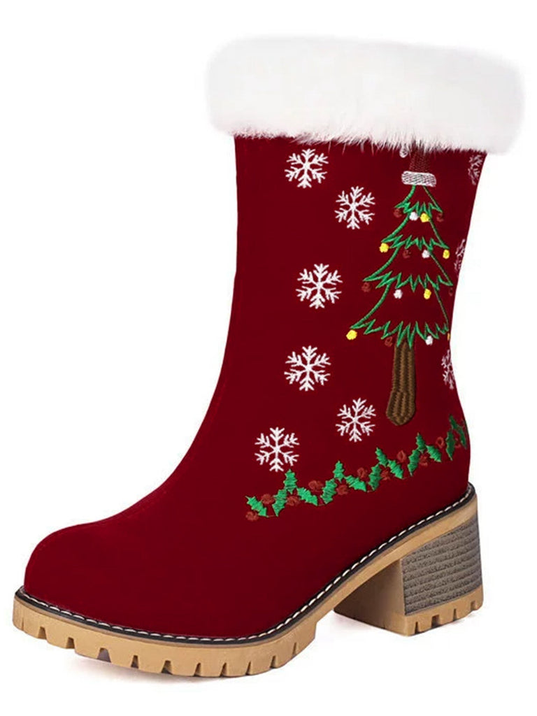 Vintage Weihnachtsbaum Schneeflocke Plüsch Klobig Ferse Stiefel