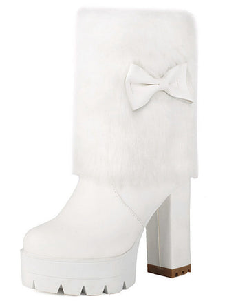 Vintage Bogen Plüsch Klobiger Absatz Stiefel