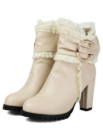 Beige PU Leder Spitze-Getrimmt Chunky Ferse Knöchel Stiefel