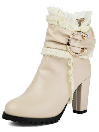 Beige PU Leder Spitze-Getrimmt Chunky Ferse Knöchel Stiefel